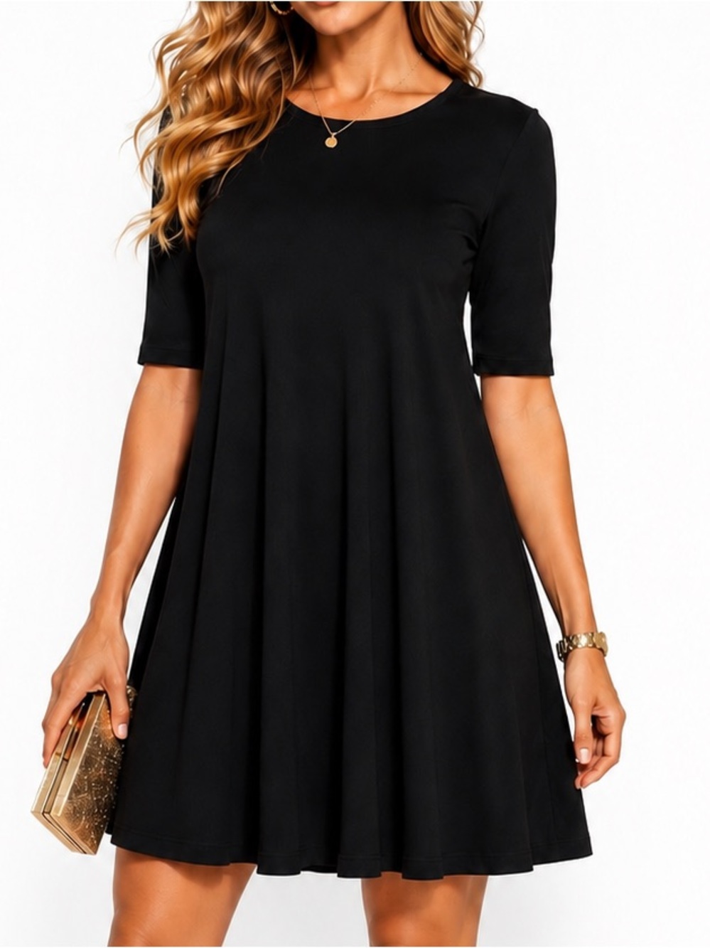 Black A-Line Swing Dress Short Sleeve Stretchy Casual Dress M